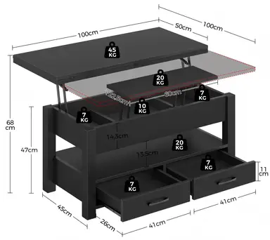 Rolanstar Mesa Centro Elevable, Mesa Salon con Cajón y Compartimento Oculto, Mesas Elevables Modernas Convertible en Comedor, 100 X 50 cm, Negro