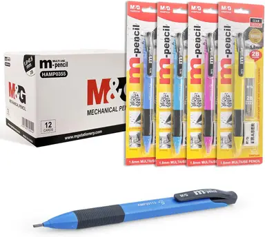 M&G Mechanical Pencil Set, 1.8 mm Lead Holder, 12 Pack Drafting Pencils with 12 Tube 2B Lead Refills and 12 Erasers, Drawing and Sketching Pencils for School and Office