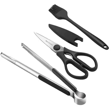 Maxcook 3pcs Stainless Steel BBQ Grilling Accessories Set - BBQ Tongs,  Oil Brush,  Scissors Set (Black) MCPJ9562