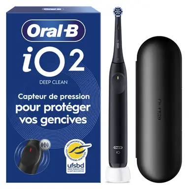 Oral-B iO2 Brosse à Dents Électrique Night Black – Protection Gencives avec Capteur de Pression Automatique, 3 Modes, Brossage Doux et Silencieux, Inclus 1 Brossette et Etui de Voyage