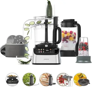 Kenwood MultiPro OneTouch FDM73.850SS 3-in-1 Kompakt-Küchenmaschine & Mixer, 12 Zubehörteile, 6 Automatikprogramme, variable Geschwindigkeit & Pulsfunktion, integrierte Waage, 1000 W, Silber