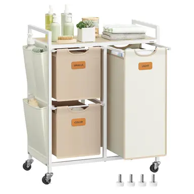 VASAGLE Laundry Basket, with 3 Compartments,  68.6x33x80.5cm, Camel Brown and Cream White