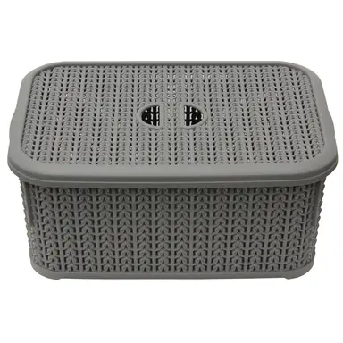 JVL Knit Design Loop Plastic Lidded Rectangular Storage Basket with Handles – Grey