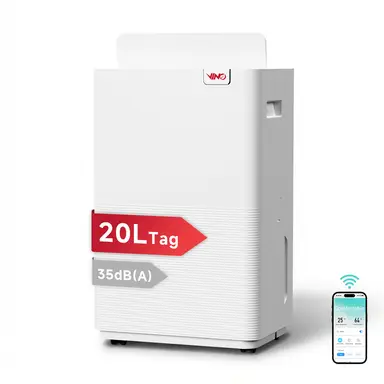 VINO Intelligenter Luftentfeuchter, WLAN-Steuerung, 20 l/Tag, R290, energieeffizient, 2,5-l-Tank, ideal für 40 m² Räume