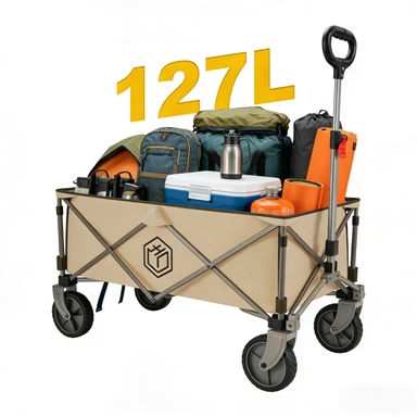 ochama Collapsible Compact Camping Wagon 127L Sand Yellow, 200kg Load Capacity, 250L Stackable Capacity, Dual Brake 360° Swivel Wheels, Space-Saving Storage, Heavy-Duty Spray-Painted Steel Tubes, Perfect for Camping, Picnics, Vending, Shopping, Grocery Runs & Moving
