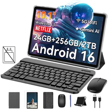 Tabwee T20 Tablet Android 16, 10,1 inch Incell-display, 24 (8+16) GB RAM + 256 GB ROM / 2 TB TF, Gemini AI, T606 achtkern + 8 MP camera, 5000 mAh, Widevine L1, 2-in-1 tablet met toetsenbord/muis/stylus x10 