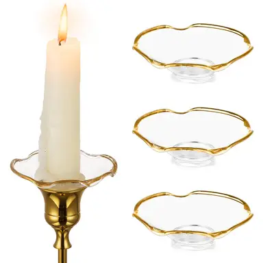 Glass Bobeches for Candlestick Holders, 3 PCS Candle Drip Protector Rings for Taper, Candle Drip Catcher for Candle Stick Candle Holder for Wedding Party Church Home (Scallop, Gold Rim)