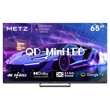 【Gratis installatie】METZ 65 Inch QD-Mini LED Google TV, 65MNE8000Z, 144Hz, 4K HDR 10+, 2.1.2-kanaals Geluidssysteem, Dolby Vision Atmos, Game Mode, Sports Mode met ALLM, VRR, MEMC, Oogzorg, Laag Blauw Licht & Flikkervrij, Google Cast, Spraakbesturing