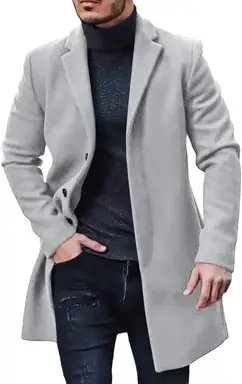 Men's Trench Coat Slim Fit Notch Lapel Single Breasted Top Coat Winter Warm Cotton Business Long Jacket Overcoat (Gray, M)