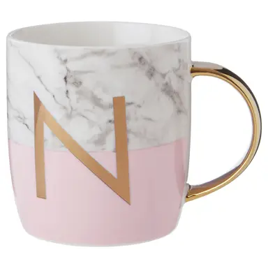 Maison by Premier Frosted Deco Marble Effect and Pink Monogram Mug, N