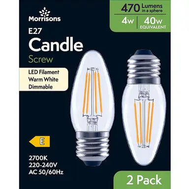 Morrisons Light Bulb LED Candle Filament Screw E27 Warm White 4W 470 Luments Dimmable 2pcs