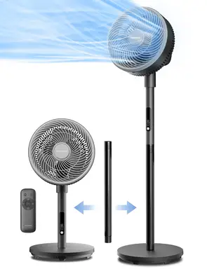 PELONIS Ventilateur de circulation avec télécommande, 2 modes / 4 vitesses / minuterie 9 h / oscillation 3D (75° vertical manuel + 85° horizontal automatique), hauteur réglable, silencieux à 36 dB pour la chambre, amovible pour le nettoyage, alimenté par Midea