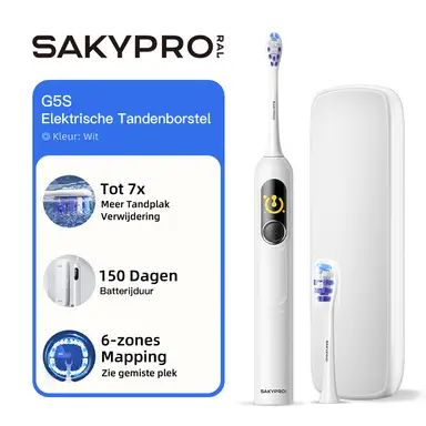 SAKYPRORAL Elektrische Tandenborstel met AI Smart Display voor Volwassenen & Kinderen | 150 Dagen Autonomie, Real-Time Poetskaart | Wittestand, 3 Min Timer, Reisetui | Familie Sonic Elektrische Tandenborstel (G5S Wit)