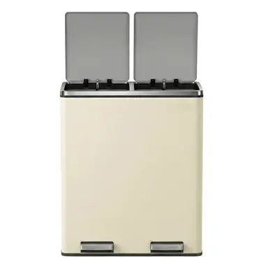 SONGMICSHOME Dubbele Prullenbak met Pedaal, 2 Uitneembare Emmers, Softclose Deksel, voor Keuken, Handvatten, Crème