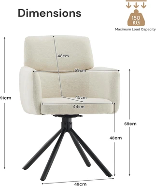 CLIPOP 1PC Chenille Swivel Tub Chair for Living Room 360 Rotating Base Luxurious Dining Armchair with Padded Seat, Desk Chair no Wheels for Dining Room Bedroom Vanity 0659-s cream 59*60*91 cm
