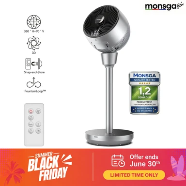 Monsga AC300 Standventilator für Schlafzimmer, 3D Luftzirkulator mit 120°+90° multidirektionaler Oszillation, 20dB Ultra-Leiser DC-Motor, 25m Luftstrom-Reichweite, 5 Stufen, 3 Modi, Magnetische Fernbedienungshalterung, 8H Timer, Metallic-Silber