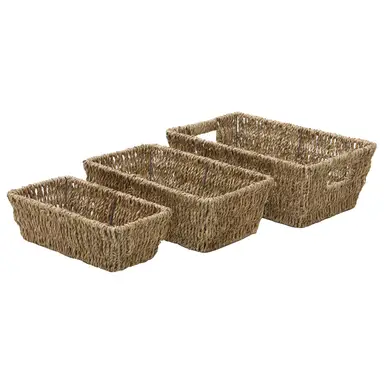 JVL Hand Woven Seagrass Rectangular Tapered Storage Baskets – Set of 3