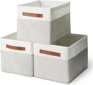 ANQI Collapsible Storage Bins with Leather Handles, Linen, Large, Pack of 3