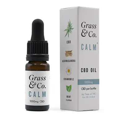 Grass & Co. CALM CBD Oil 1000mg with Ashwagandha Chamomile Mint L Theanine B5 B6 B12 for Relaxation Vegan 10ml