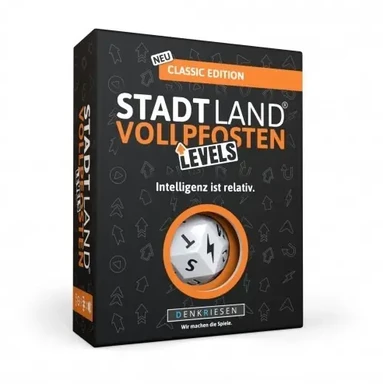 DENKRIESEN - Stadt Land Vollpfosten® Levels – Classic Edition | 60 Spielkarten und Blitzwürfel ab 12 Jahren | ca. 30 min Spielzeit für 2-6 Spieler | Familienspiel im Stadt Land Fluss Stil