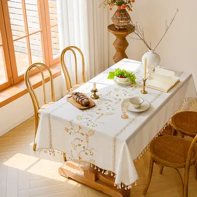 Rustic Rectangle Table Cloth, Heavy Duty Florals Embroidery Fall Tablecloths, Farmhouse Tablecloth, Wrinkle Free Table Cover with Tassels, Coffee Berry, 55''x 90''