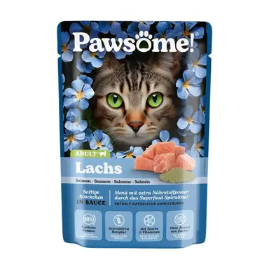 PAWSOME Katzen-Nassfutter Adult Lachs - 28 x 85g Beutel - Alleinfutter mit 88 % tierischen Zutaten, getreidefrei, ohne Zuckerzusatz