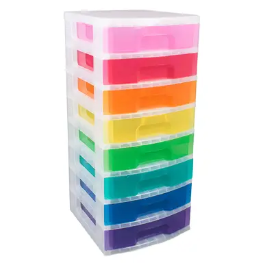 Really Useful Plastic Storage Box Tower 8x9.5L Clear Frame with Rainbow Drawers