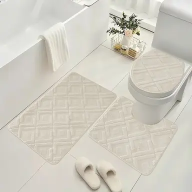 Bathroom Set 3 Piece Non-Slip Absorbent Bath Mats for Tub Shower, Machine Washable 38*44cmToilet Cover, 50*40cm U-Shaped Contour Toilet Rug，50*80cm Bathroom Rugs,Beige meander pattern