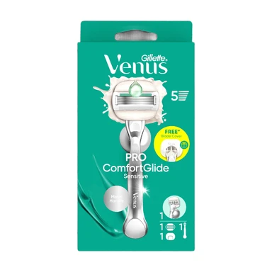 Gillette Venus Pro ComfortGlide rasoir pour femme, peaux sensibles, 1 manche + 1 cartouche de recharge, manche en métal réutilisable et porte-rasoir de douche