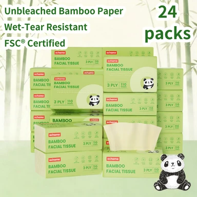 Ochama Bambus-Gesichtstücher, 3-lagig, 2640 Blatt (110 Blatt×24 Packungen), FSC-zertifiziert, Ungebleichtes Bambuszellstoffpapier, Familienpackung