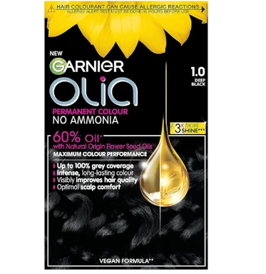 Garnier Olia No Ammonia Permanent Hair Dye Midnight 1.0 Deep Black 1 Colourant Cream 1 Developer Cream 1 Conditioner