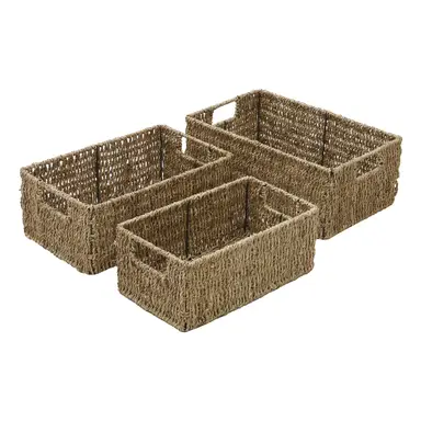 JVL Hand Woven Seagrass Rectangular Storage Baskets – Set of 3