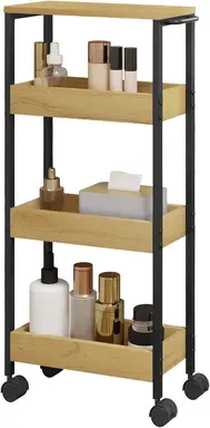 EUGAD Rollwagen mit 3 Ablagen und Arbeitsplatte, schmaler Küchen- und Servierwagen, Nischenregal auf Rollen, platzsparend, 15x82x40 cm, Schwarz-Helle Eiche