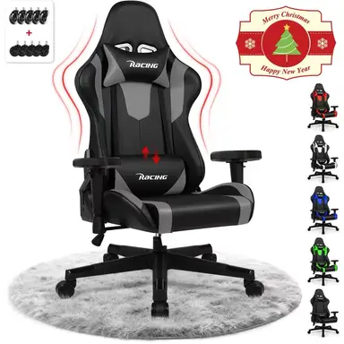 Gaming-Stuhl, ergonomischer Bürostuhl mit verstellbarem Lendenkissen, Kopfstütze und Armlehnen, gepolsterter Gaming-Stuhl, Gamer-Stuhl mit Wippfunktion, Gaming-Stuhl mit 150 kg Tragfähigkeit, grau