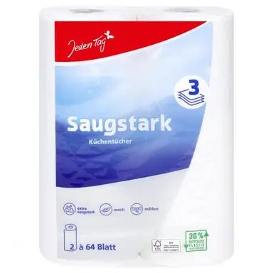 Jeden Tag Küchenpapier Classic 3-lagig, extra saugfähig, 2 x 64 Blatt