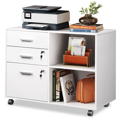 DEVAISE Rolling Container with 3 Drawers and Open Shelves, Mobile Filing Cabinet with Wheels, Printer Table for DIN A4/Legal/Letter, Lockable Cabinet for Office and Home Office, White