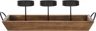MyGift 3-Säulen Kerzenhalter aus schwarzem Metall mit rustikalem Holztablett und Griffen, Tisch-/Kamin-Mittelstück