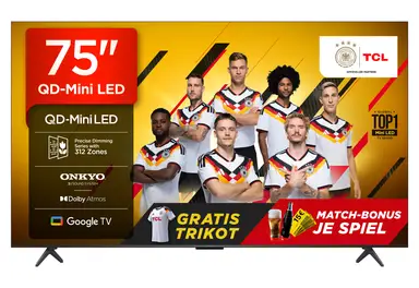 TCL 75Q6C QLED Mini LED Fernseher, 75 Zoll, 4K HDR Premium, Dolby Vision IQ & Atmos, Onkyo 2.1 Sound, Smart TV mit Google TV, Game master, 144Hz Motion Clarity Pro, AMD FreeSync Premium Pro, HDMI 2.1, AirPlay 2, Google Assistant & Alexa