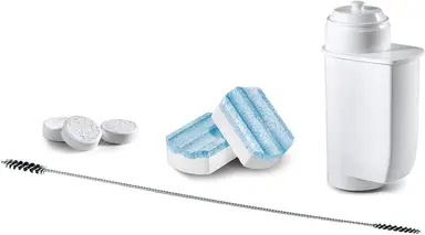 Bosch Pflege-Set für Kaffeemaschinen TCZ8004A, 10 Reinigungstabletten, 3 Entkalkungstabletten, 1 BRITA Wasserfilter, Milchschlauch-Reinigungsbürste, für Vero Kaffeevollautomaten und Einbauvollautomaten