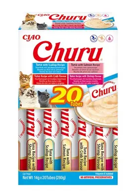Ina-Paws Churu Thunfisch-Meerfrüchte-Mix, 20er-Pack, Flüssigfutter im Portionsbeutel für Katzen, hochwertiges Meeresfleisch-Protein, kalorienarmer Snack, geeignet für alle Rassen