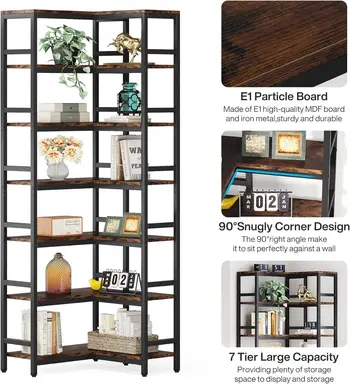 Tribesigns 7-laags hoekboekenkast, 200cm hoge boekenkast voor woonkamer thuiswerkplek, industriële hoekkeuken met metalen frame, moderne ruimtebesparende organizer, landelijke bruin