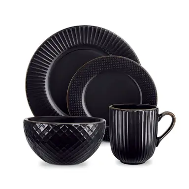 Tower Empire 16 Piece Dinnerware Set, Black & Brass