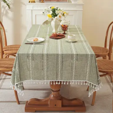 Rustic Table Cloth, Rectangle Textured Cotton Linen Fabric Tablecloth with Tassel, Farmhouse Table Cover Embroidery Stripe Tablecloths for Kitchen Dinning Party, 55*90in,Sage Green