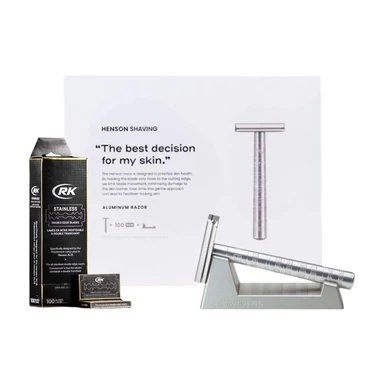 HENSON SHAVING Coffret complet (Henson AL13 Argent + Support pour rasoir de sûreté + 100 lames de rasoir de sûreté)