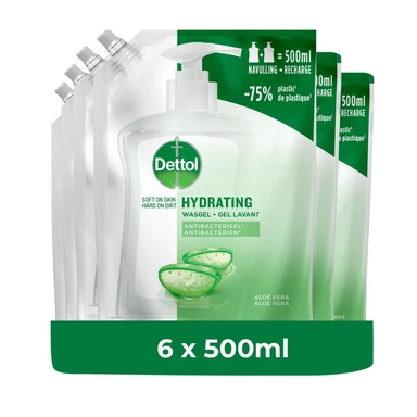 Dettol Handzeep - Hydrating Wasgel Navulling - Aloe Vera & Bamboe - 6x500ml - Voordeelverpakking