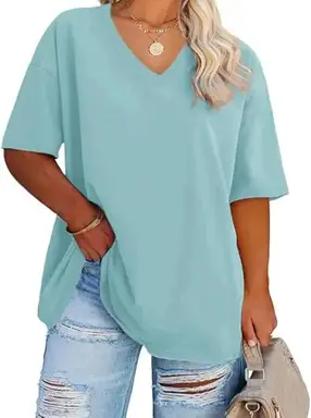 Women's Plus Size V Neck T Shirts Summer Half Sleeve Oversized Tees Casual Loose Fit Tunic Tops (LightBlue, XL)