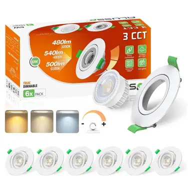 ALUSSO 230 V LED Einbaustrahler, 76 mm, 6 W schwenkbar, flach, 3CCT Spotlights, Warmweiß 3000 K, Neutralweiß 4000 K, Kaltweiß 6500 K, herausnehmbarer Einbaustrahler, dimmbar für Küche, Wohnzimmer [Energieklasse E]