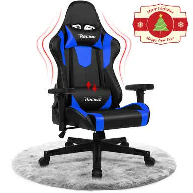 Ergonomischer Gaming-Stuhl mit verstellbarer Lendenstütze, Kopfstütze und Armlehnen, Wippfunktion, belastbar bis 150 kg, blau, für Zuhause und Büro