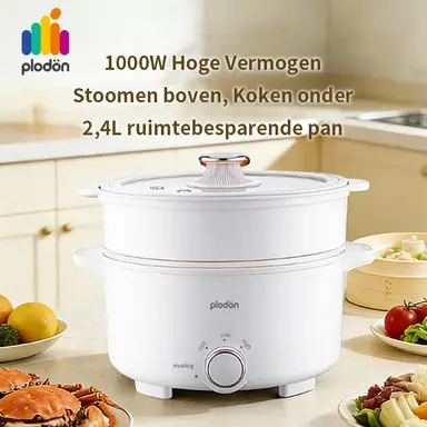 Plodon 1000W 2,4L Multifunktions-Elektro-Topf mit Antihaftbeschichtung, Dampfgarer, Reise-Elektrokocher, Fondue, mit doppelter Leistungsregelung, Schnellkochtopf, für Ramen-Nudeln/Pasta/Eier/Suppe/Haferbrei