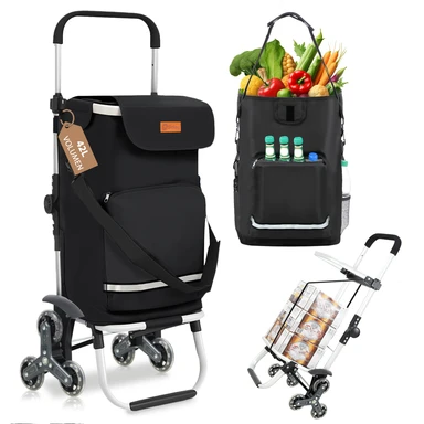 42L Shopping Trolley Stair Climber, 3-in-1 Trolley Shopping Cart Foldable, Hackenporsche Folding Foldable Shopping Trolley, Hackenporsche with Hooks, 6 Wheels & Large Capacity, Grocery Hauling Cart, Portable Shopping Aid, Spacesaving Cart, Black
